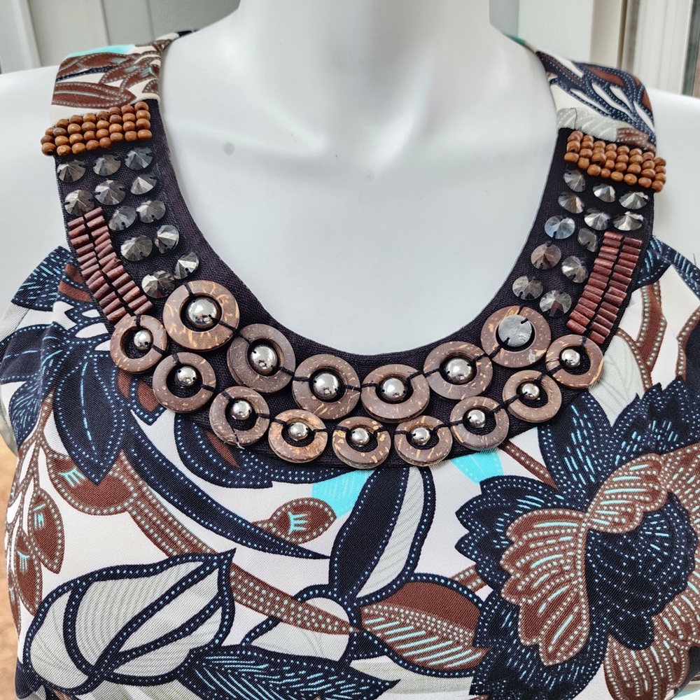 Wood Beads Studded Halter Sleeves Brown Floral Print Knee Length Sheath Dress - Picture 4 of 12